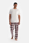 Ecru EMBROIDERY DETAILED WOVEN PLAID T-SHIRT TROUSERS PAJAMA SET