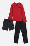 Bordo Yarım Patlı Uzun Kollu Şort Pantolon Üçlü Pijama Takımı