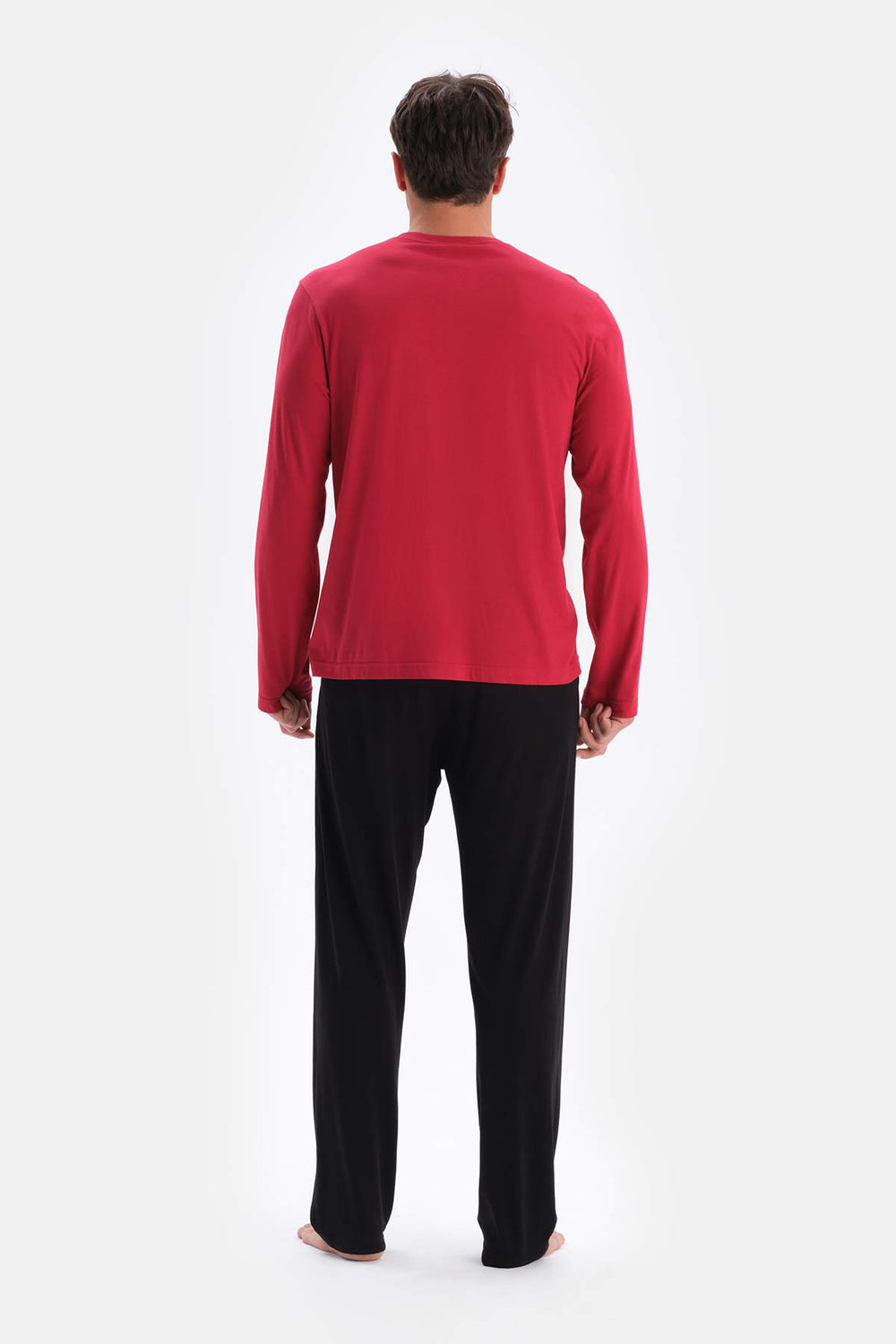 Bordo Yarım Patlı Uzun Kollu Şort Pantolon Üçlü Pijama Takımı