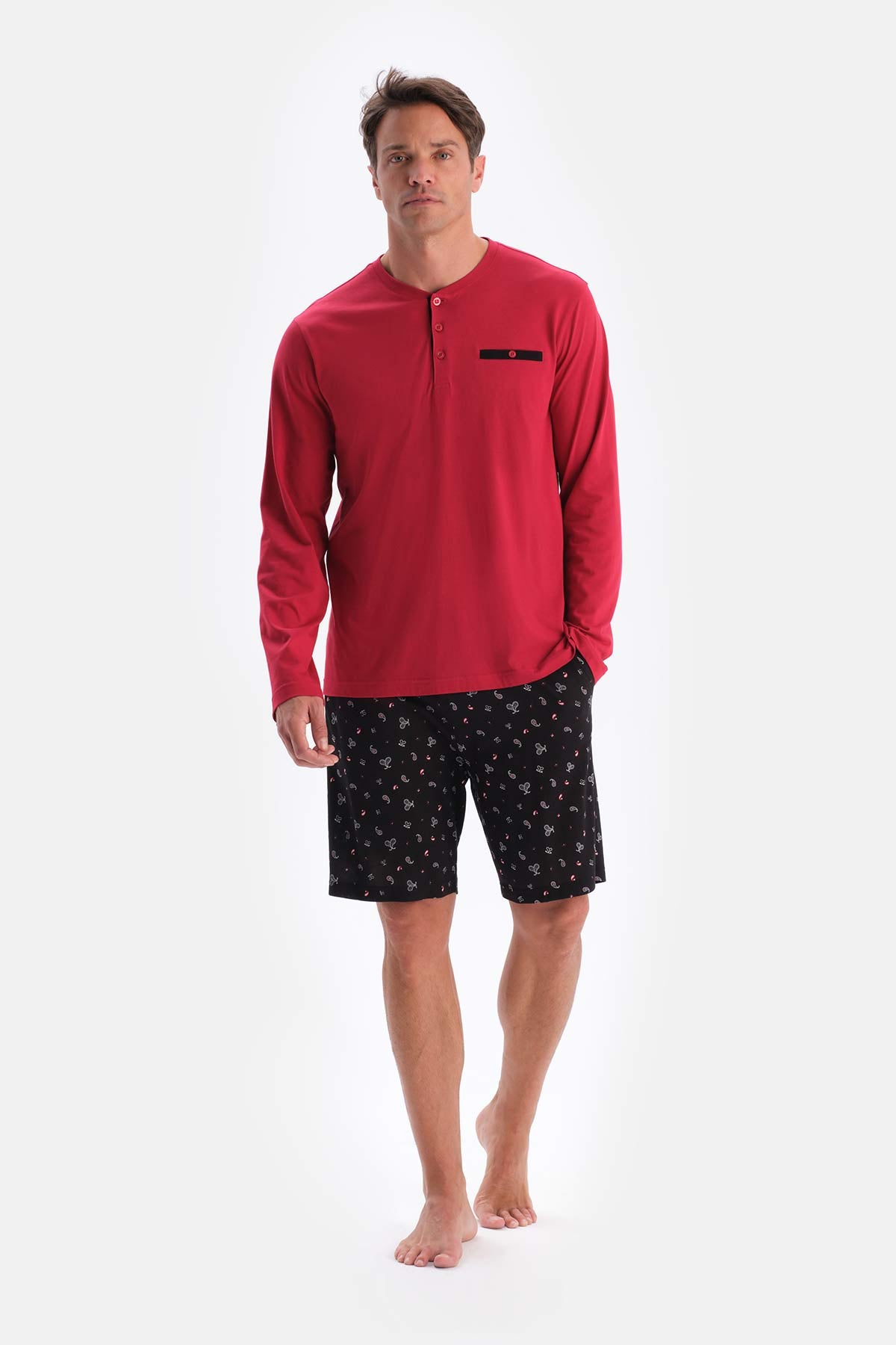 Bordo Yarım Patlı Uzun Kollu Şort Pantolon Üçlü Pijama Takımı