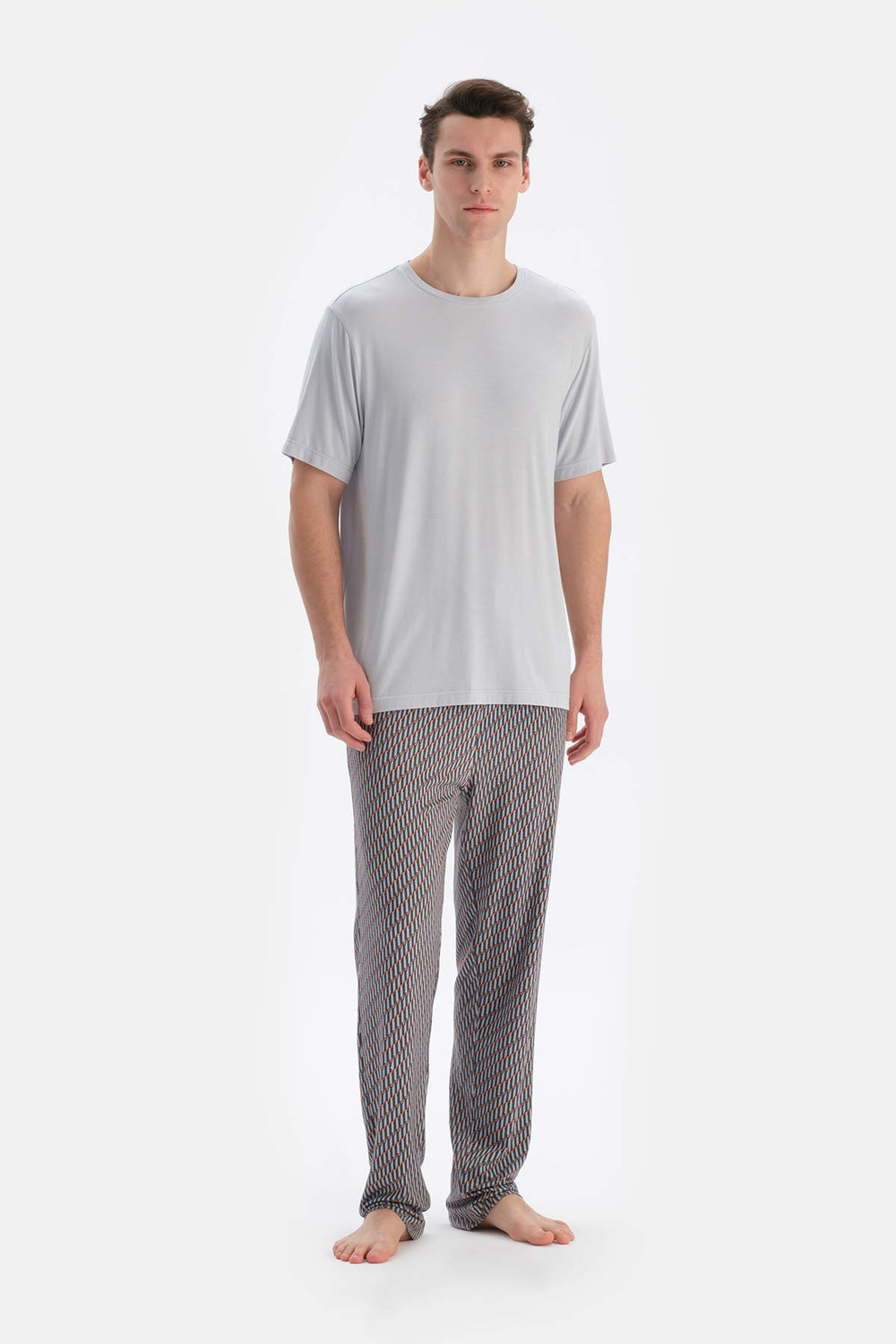 Buz Mavisi Buz si Bisiklet Yaka Kısa Kollu Tişört Pantolon Pijama Takımı