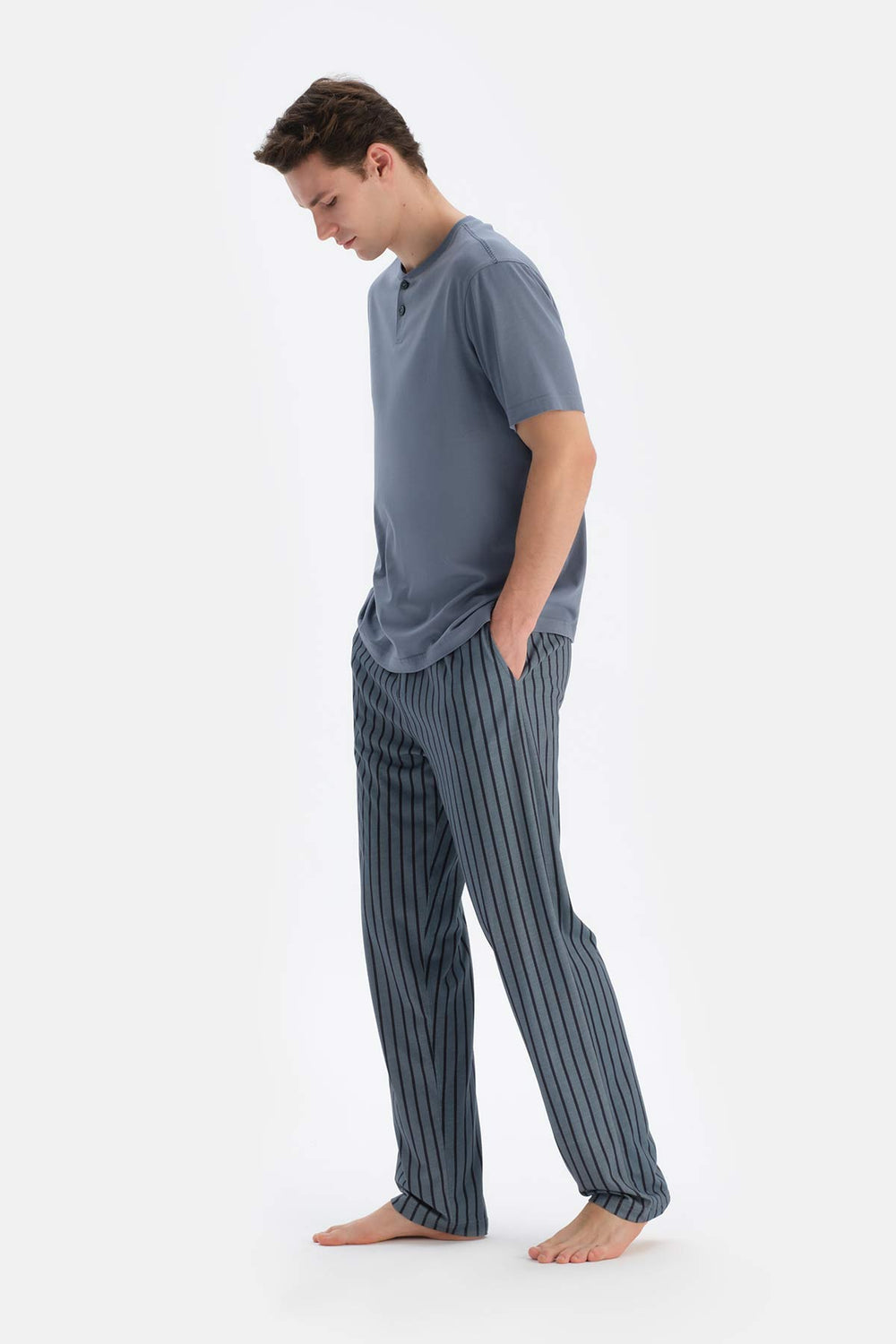 Indigo Yarım Patlı Kısa Kollu Tişört Pantolon Pijama Takımı