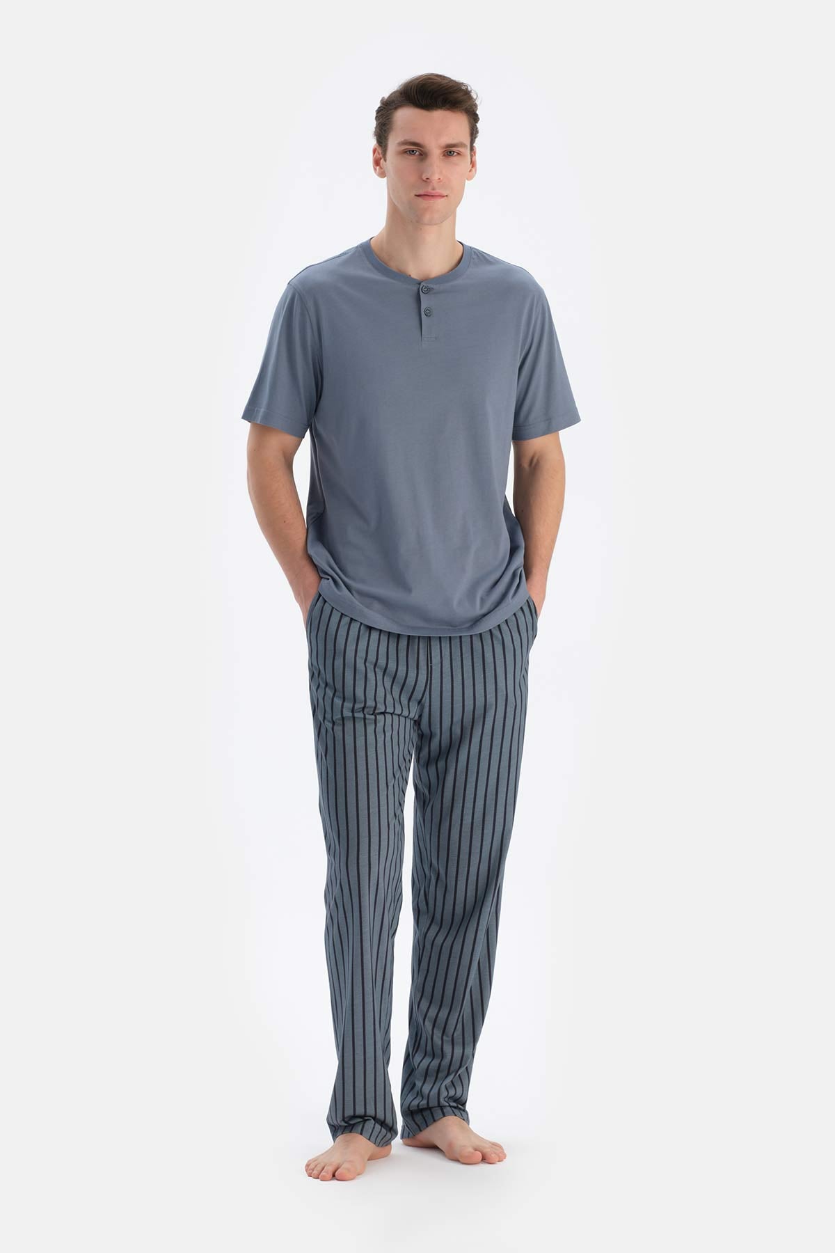 Indigo Yarım Patlı Kısa Kollu Tişört Pantolon Pijama Takımı