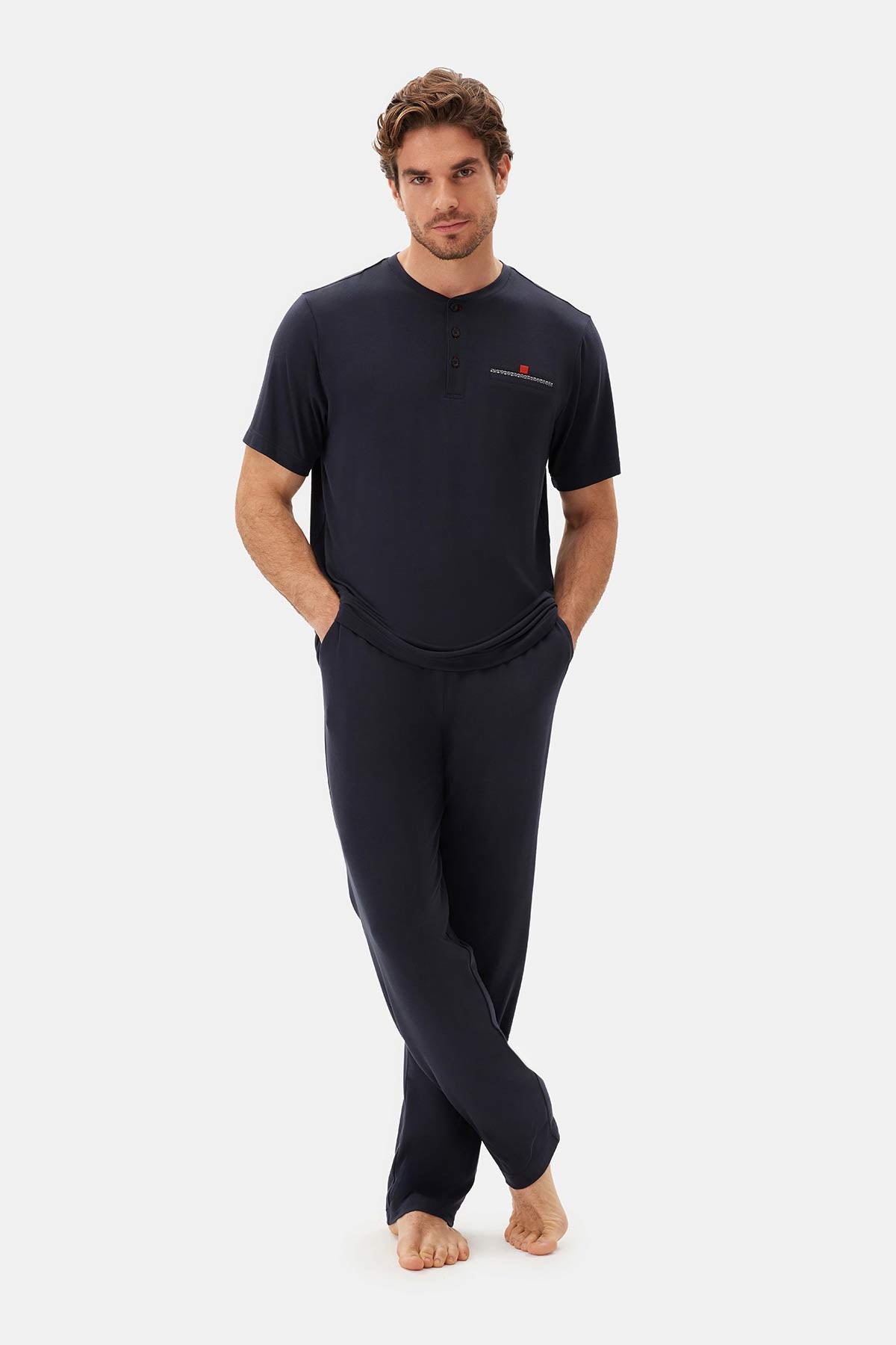 Lacivert Yarım Patlı Tişört Pantolon Pijama Takımı