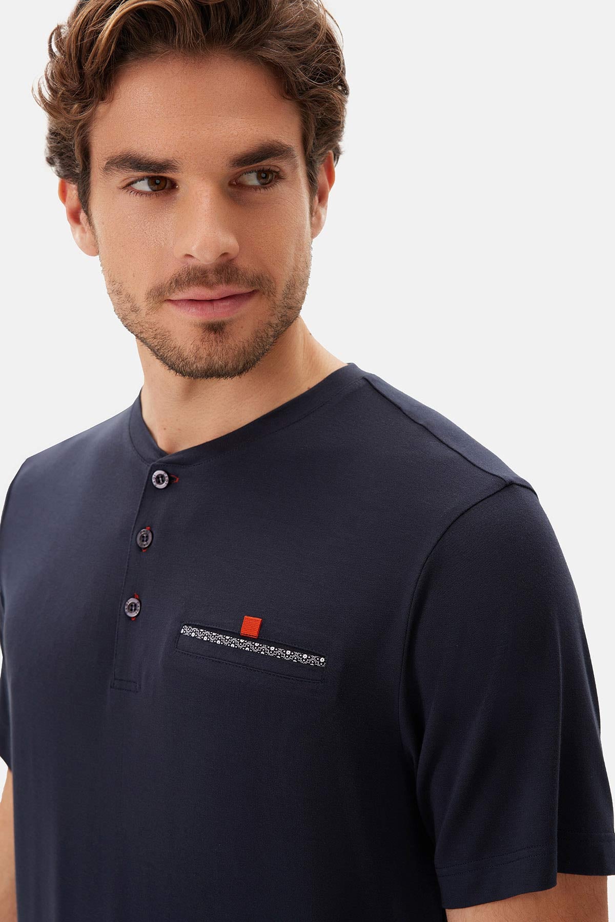 Lacivert Yarım Patlı Tişört Pantolon Pijama Takımı