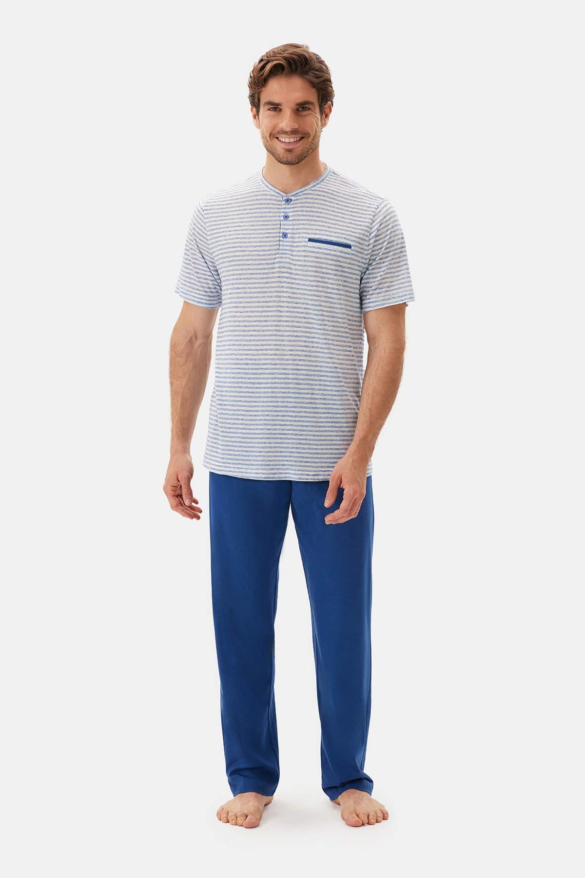 Mavi Yarım Patlı Kısa Kollu Pijama Takımı