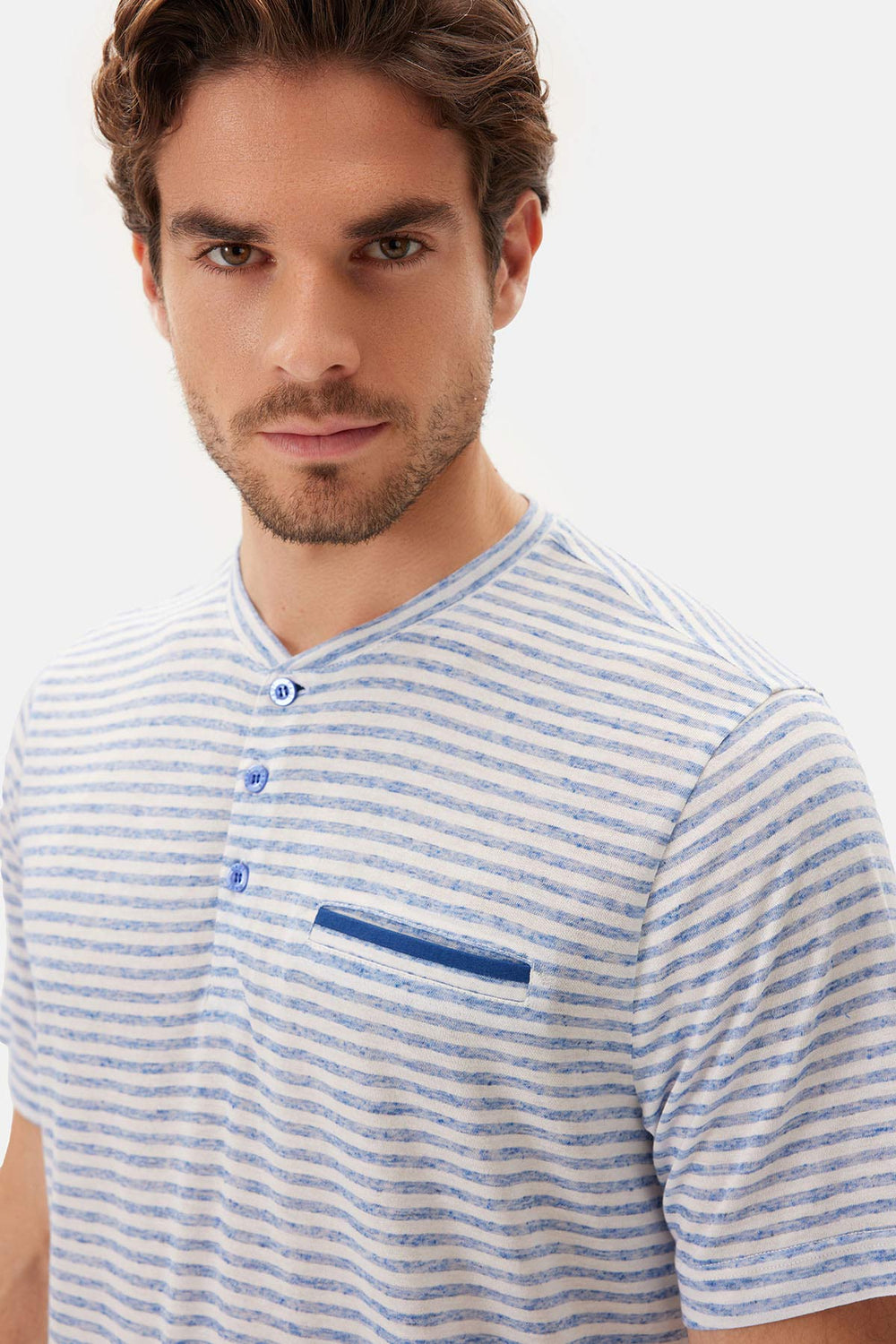 Mavi Yarım Patlı Kısa Kollu Pijama Takımı