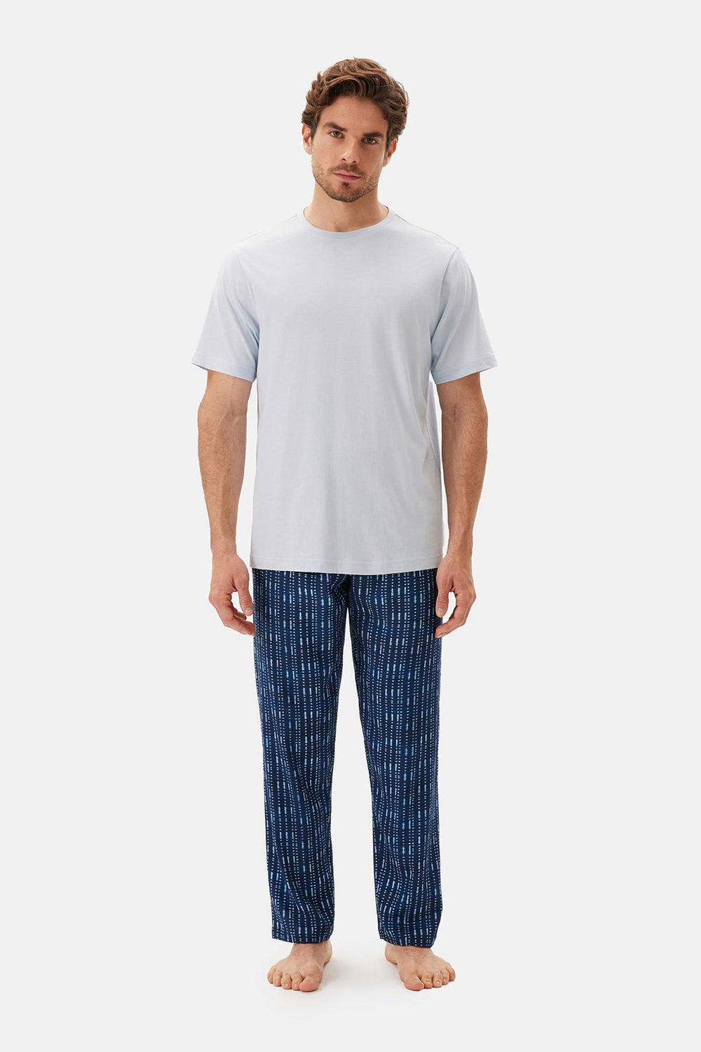 Mavi Bis Yaka Kısa Kollu Pijama Takımı