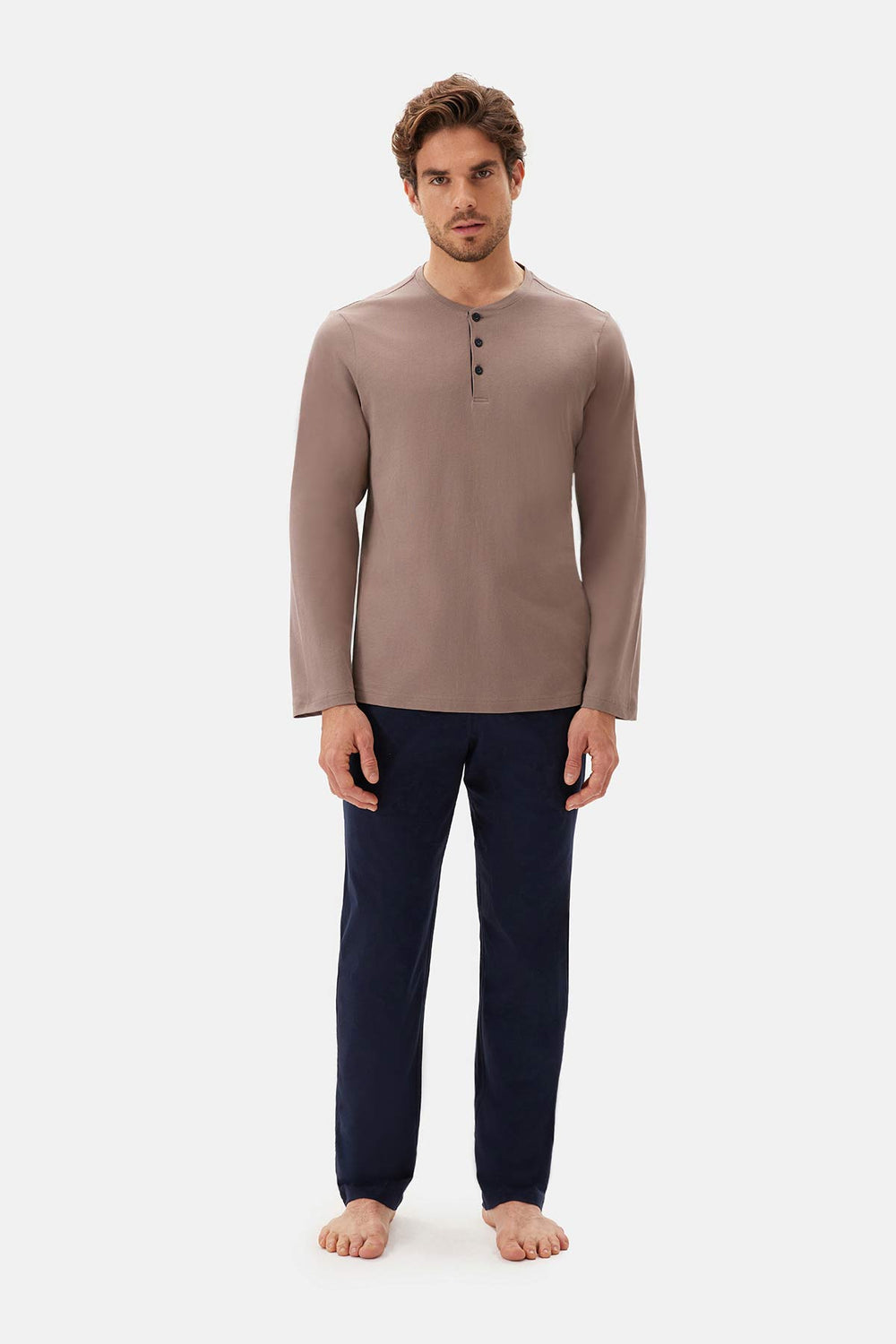 Sütlü Kahve Uzun Kollu Patlı Tişört Pantolon Pijama Takımı