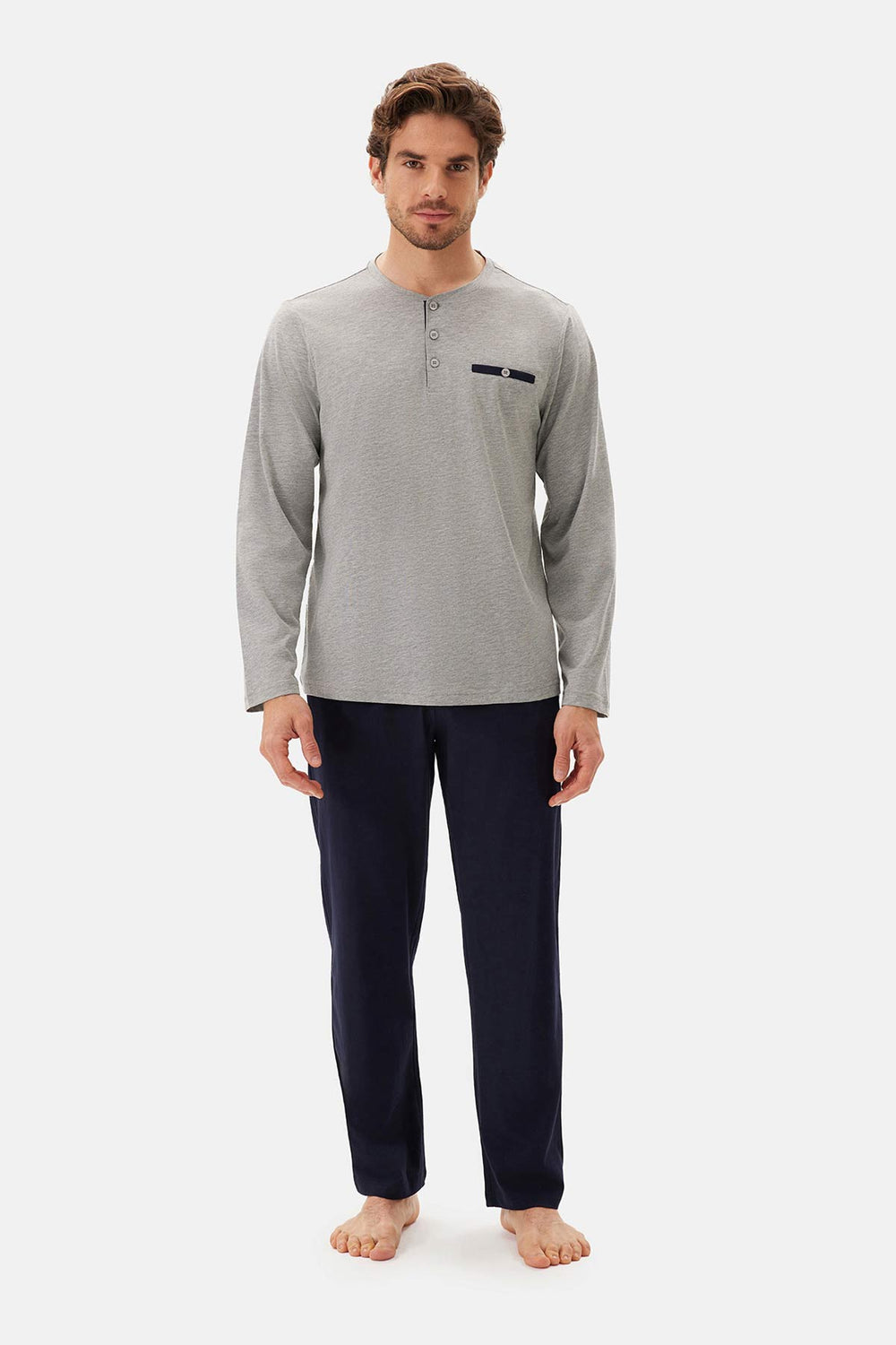 Gri Melanj Uzun Kollu Patlı Tişört Pantolon Pijama Takımı