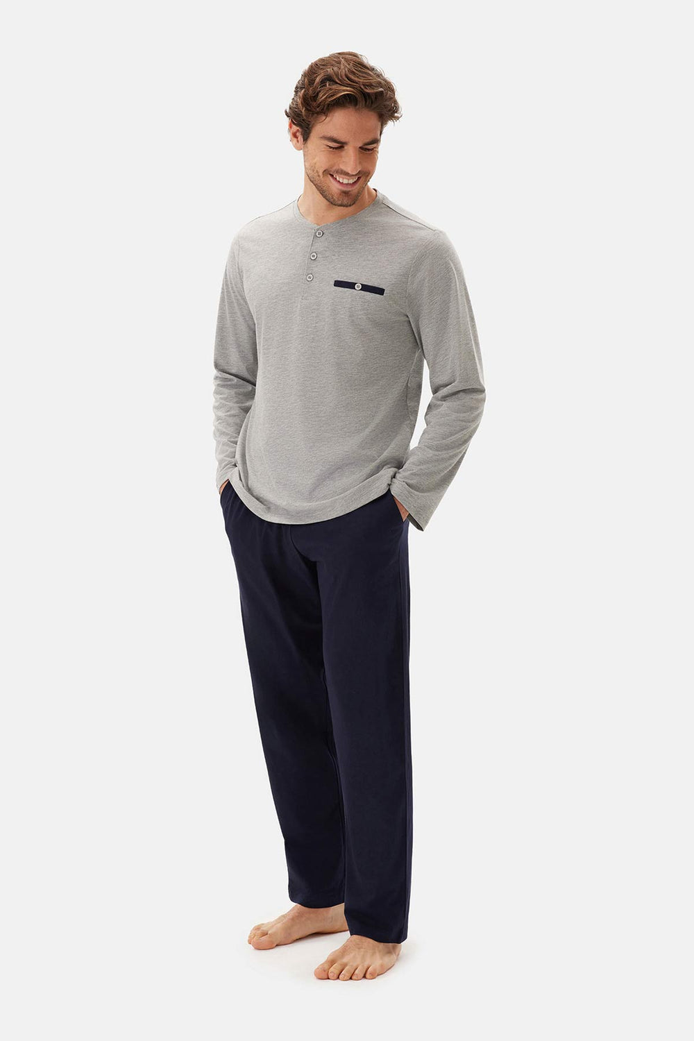 Gri Melanj Uzun Kollu Patlı Tişört Pantolon Pijama Takımı