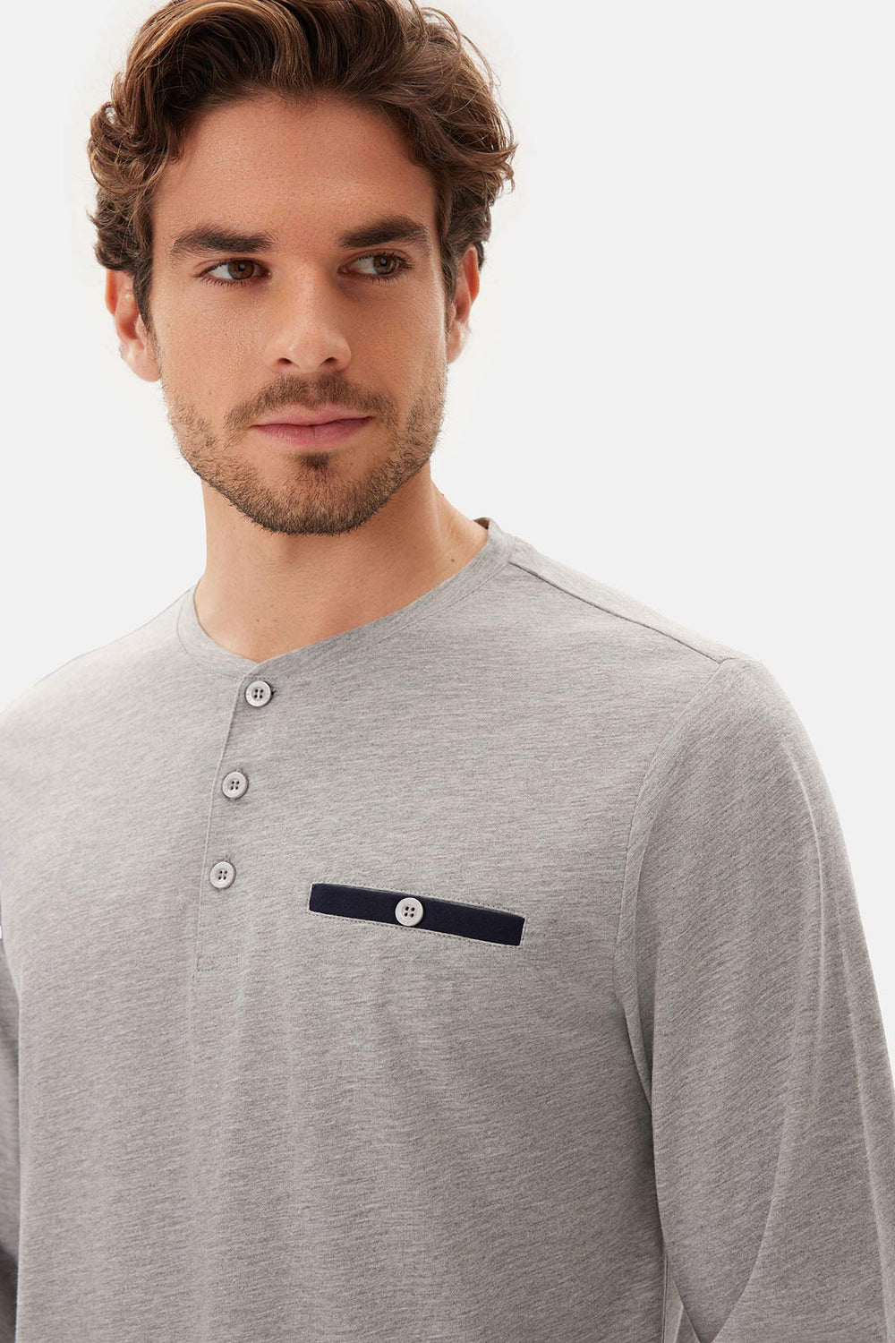 Gri Melanj Uzun Kollu Patlı Tişört Pantolon Pijama Takımı