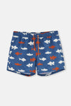 Lacivert-Kiremit Kısa Balık Desenli Deniz Şortu