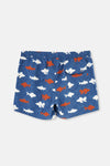 Lacivert-Kiremit Kısa Balık Desenli Deniz Şortu