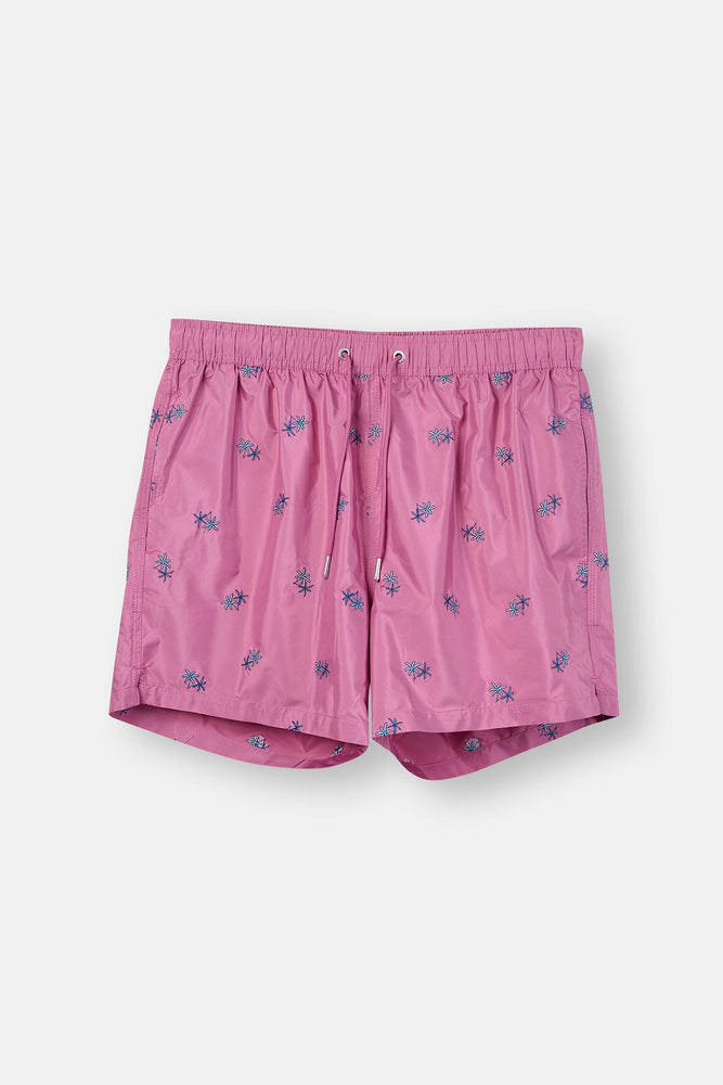Pembe Palmiye Nakışlı Kısa Deniz Şortu