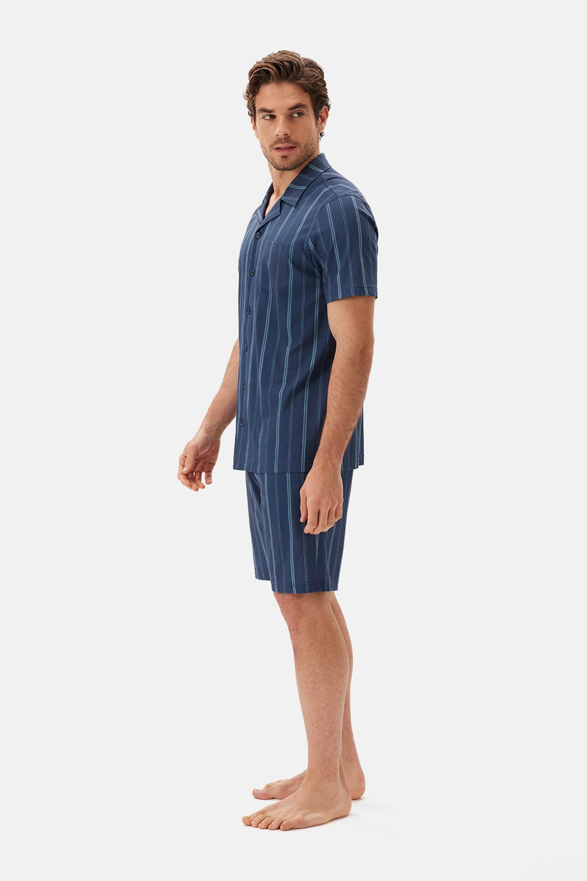 Lacivert Çizgili Gömlek Şort Pijama Takımı