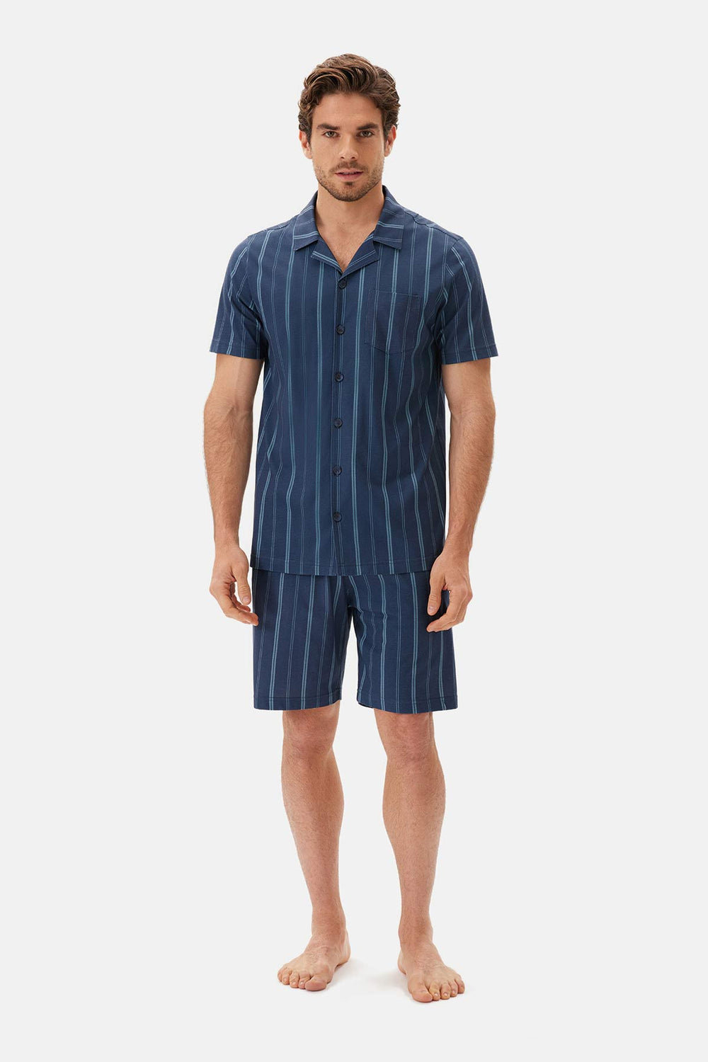 Lacivert Çizgili Gömlek Şort Pijama Takımı