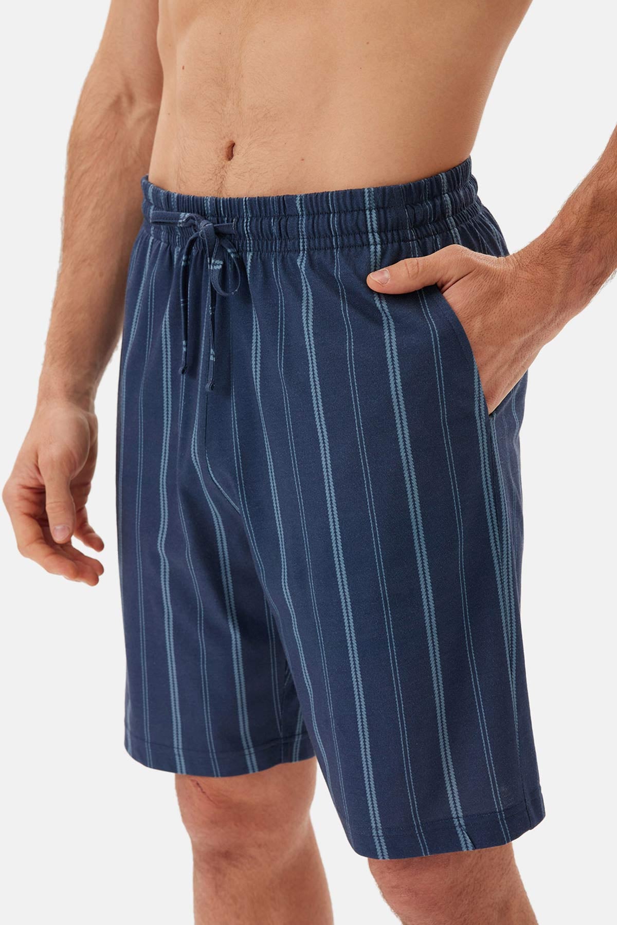 Lacivert Çizgili Gömlek Şort Pijama Takımı