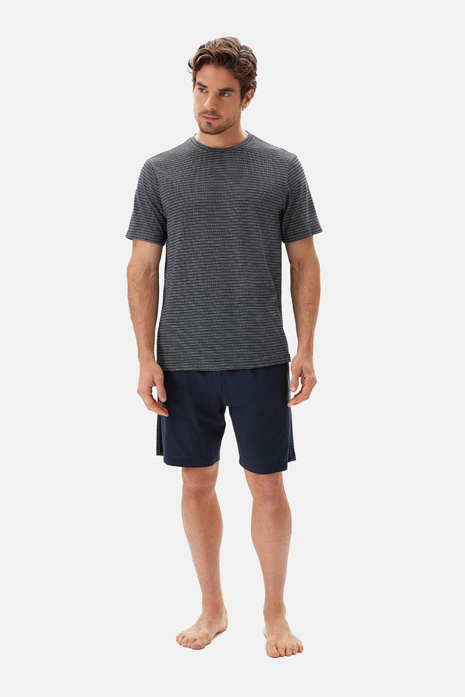 Lacivert Bis Yaka Jakarlı Tişört Şort Pijama Takımı