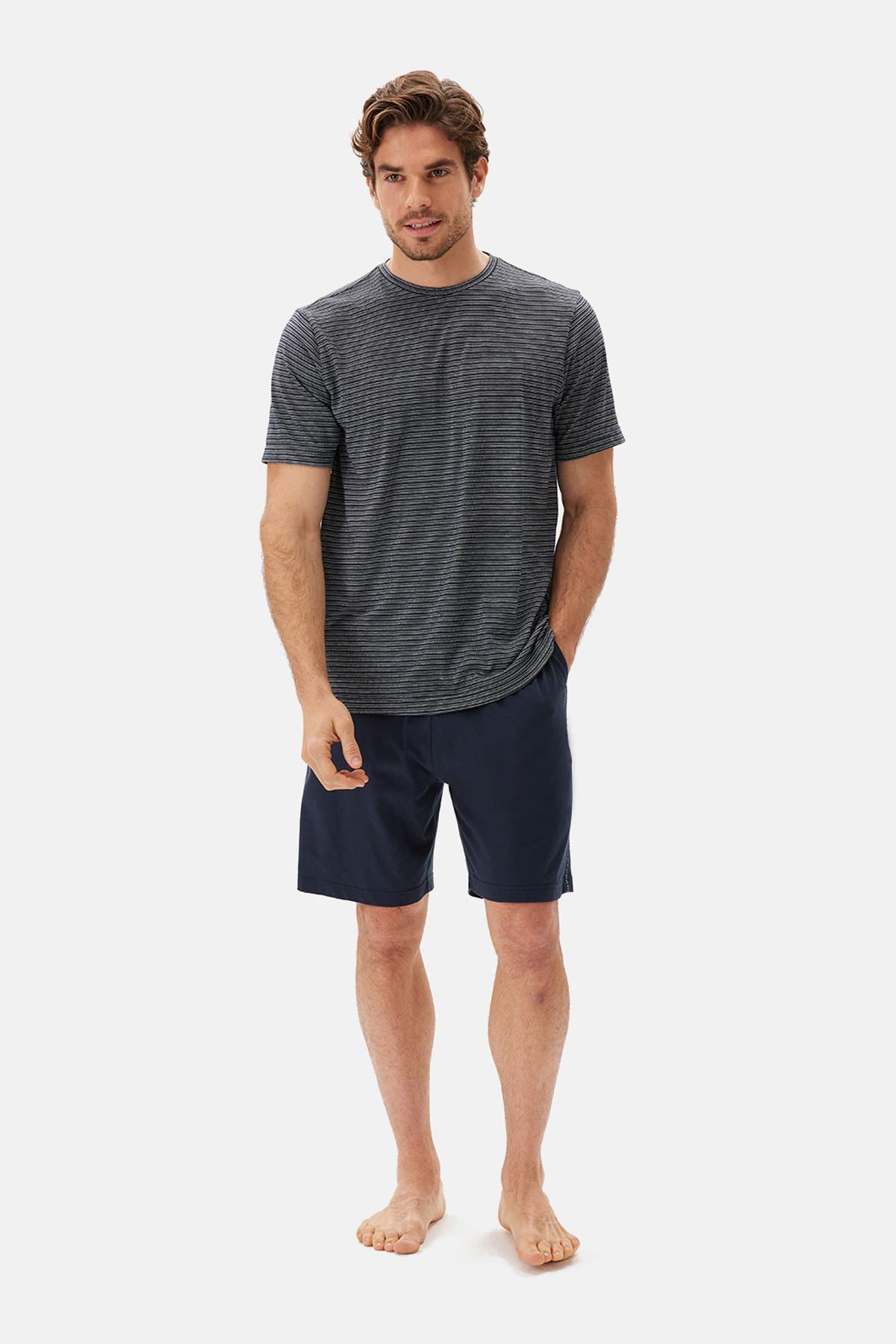 Lacivert Bis Yaka Jakarlı Tişört Şort Pijama Takımı