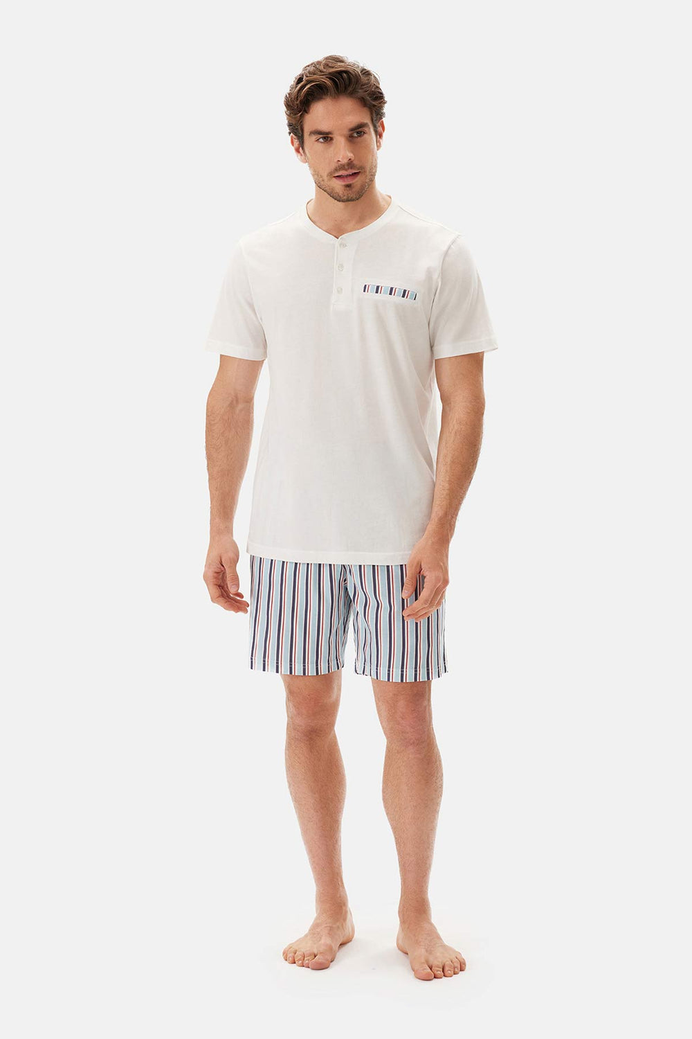 Ekru Yarım Patlı Kısa Kollu Şort Pijama Takımı