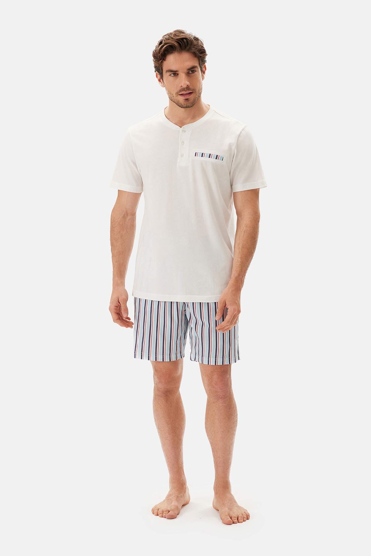 Ekru Yarım Patlı Kısa Kollu Şort Pijama Takımı