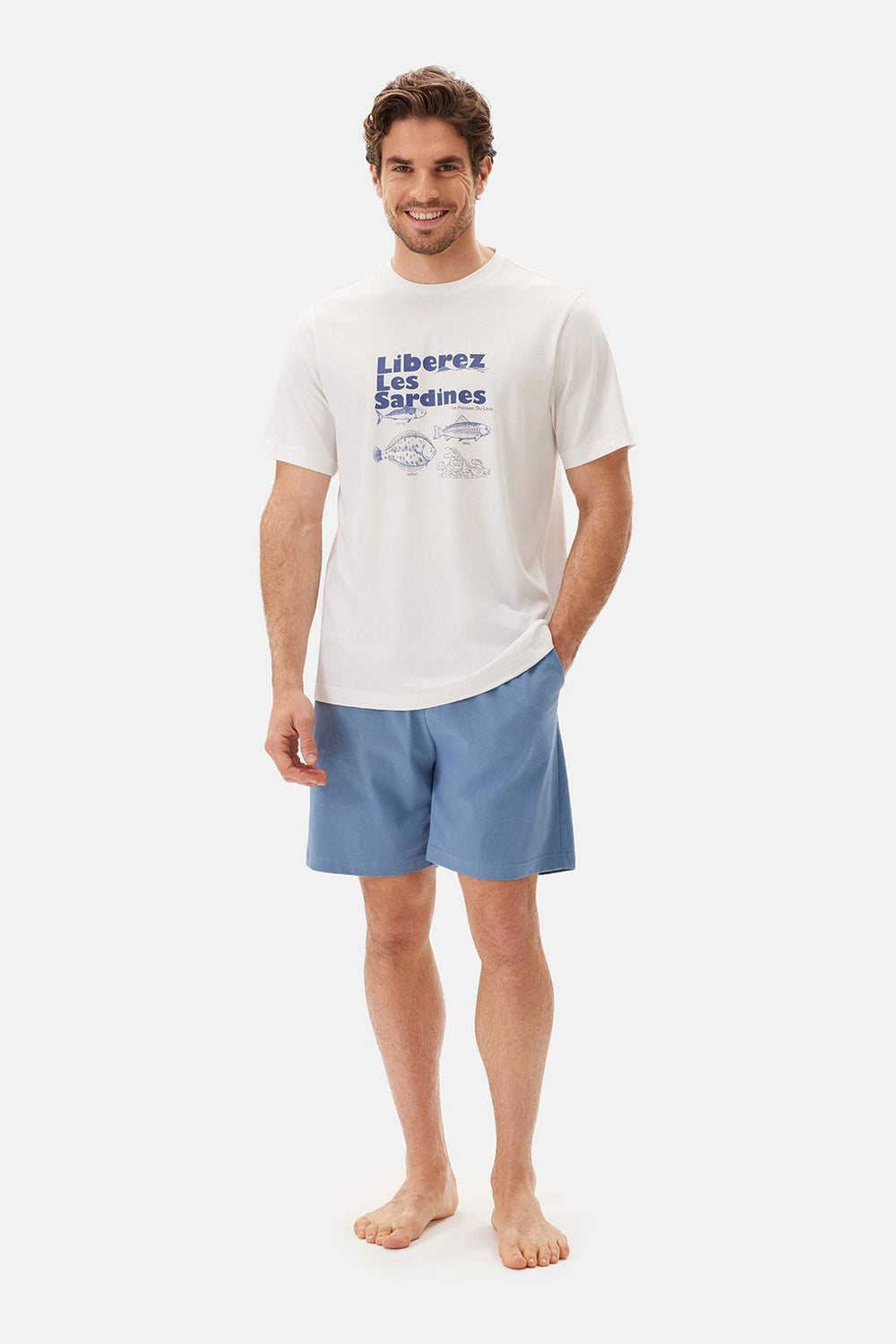 Ekru Bis Yaka Baskılı Kısa Kollu Şort Pijama Takımı