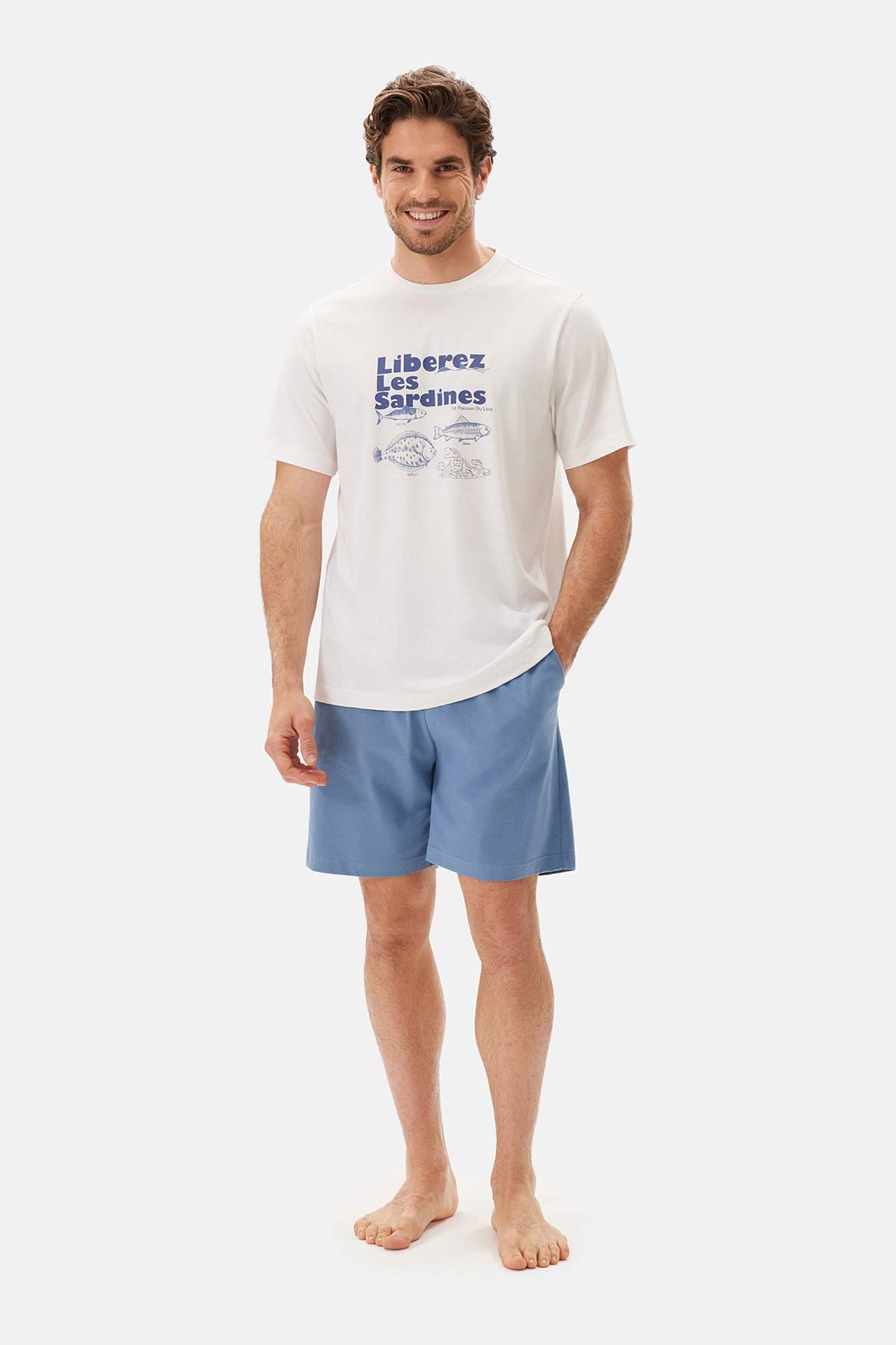 Ekru Bis Yaka Baskılı Kısa Kollu Şort Pijama Takımı