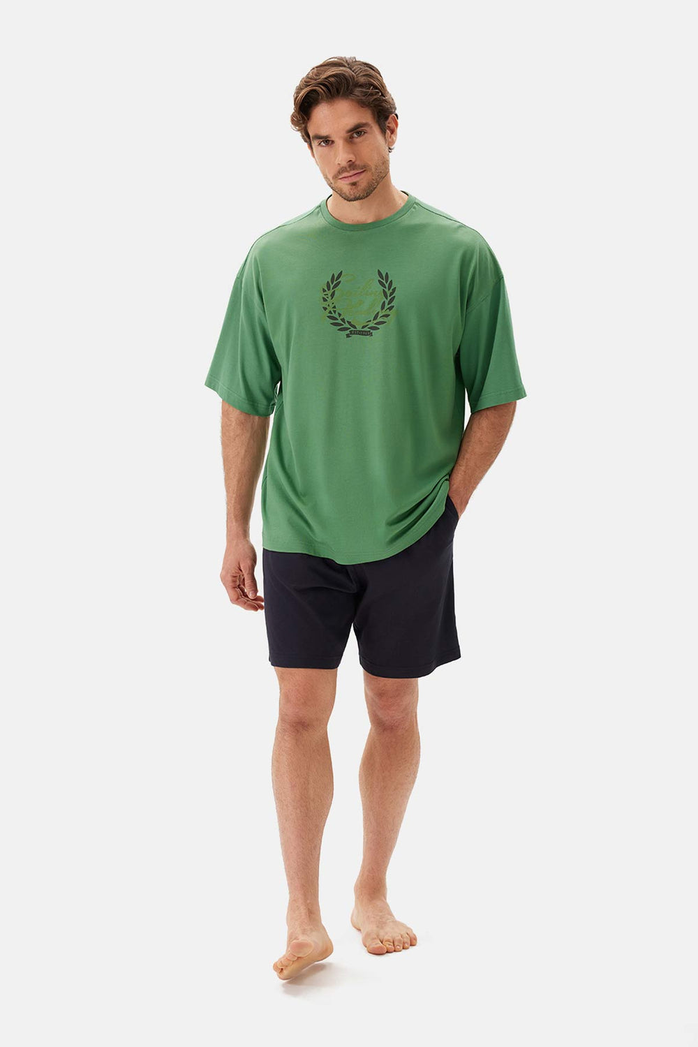 Yeşil Bis Yaka Baskılı Kısa Kollu Şort Pijama Takımı