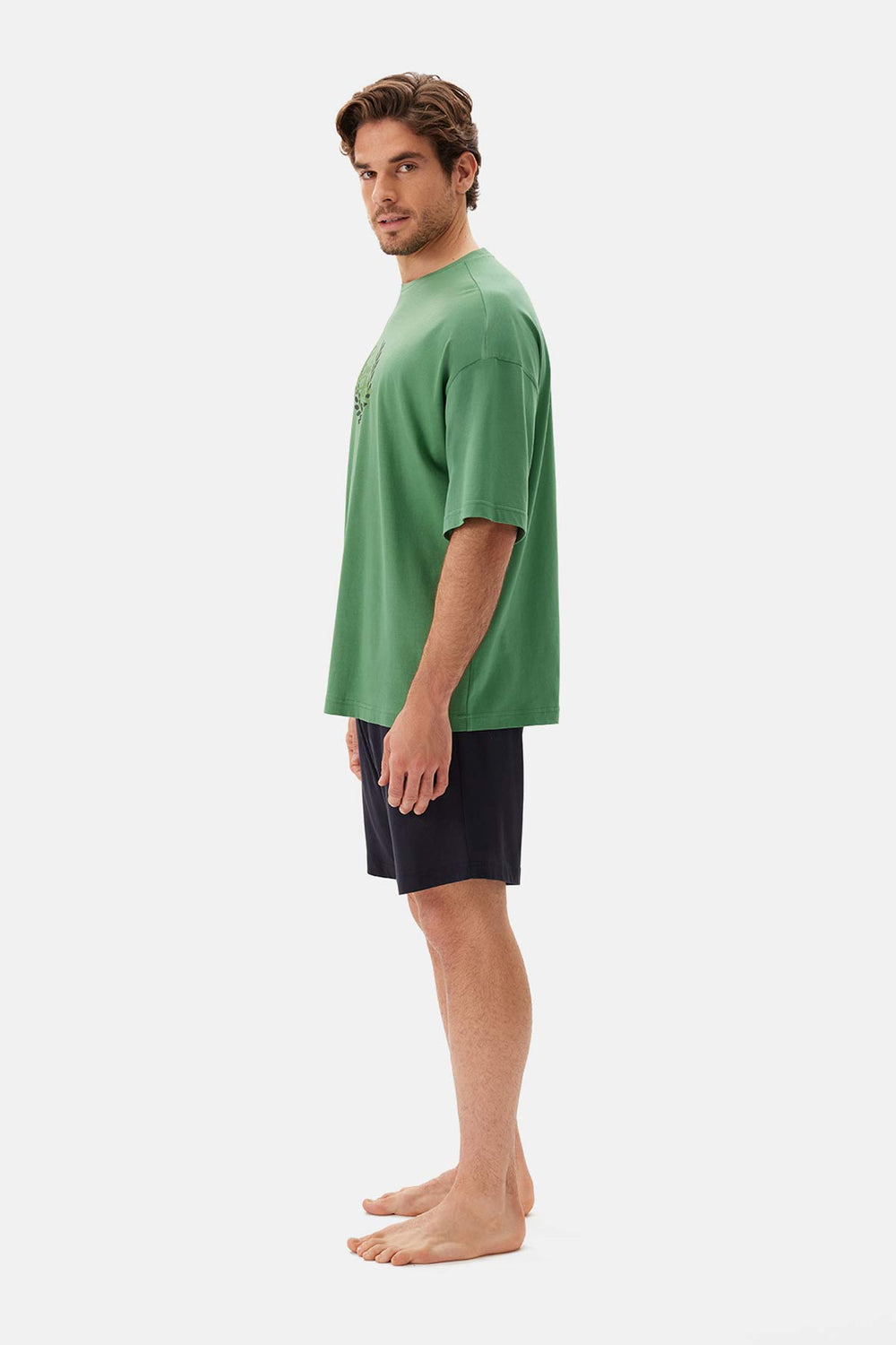 Yeşil Bis Yaka Baskılı Kısa Kollu Şort Pijama Takımı