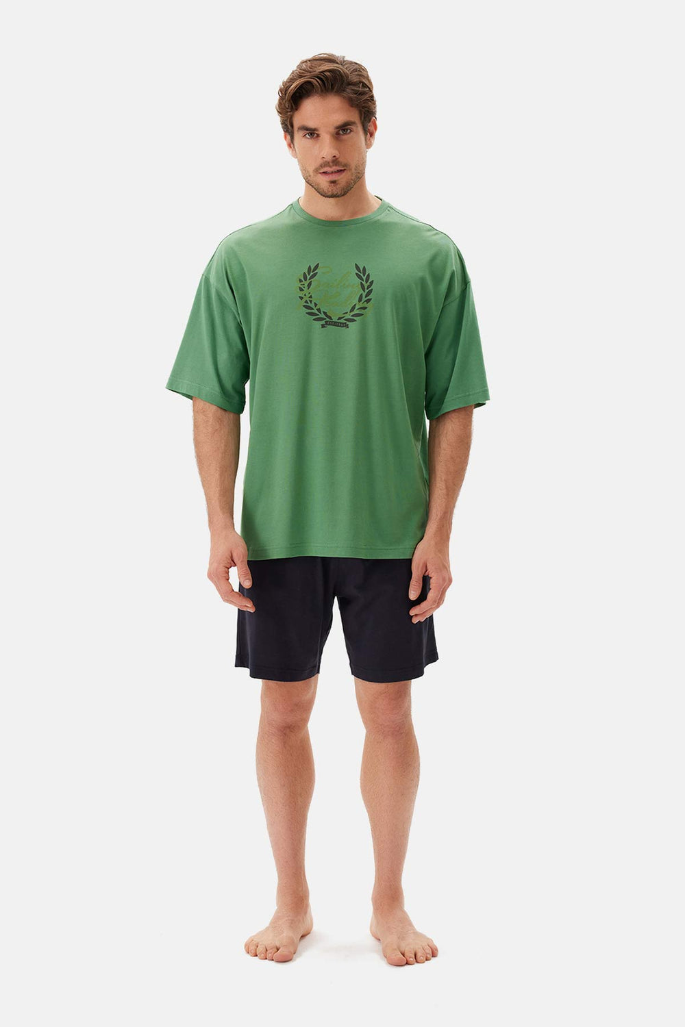 Yeşil Bis Yaka Baskılı Kısa Kollu Şort Pijama Takımı