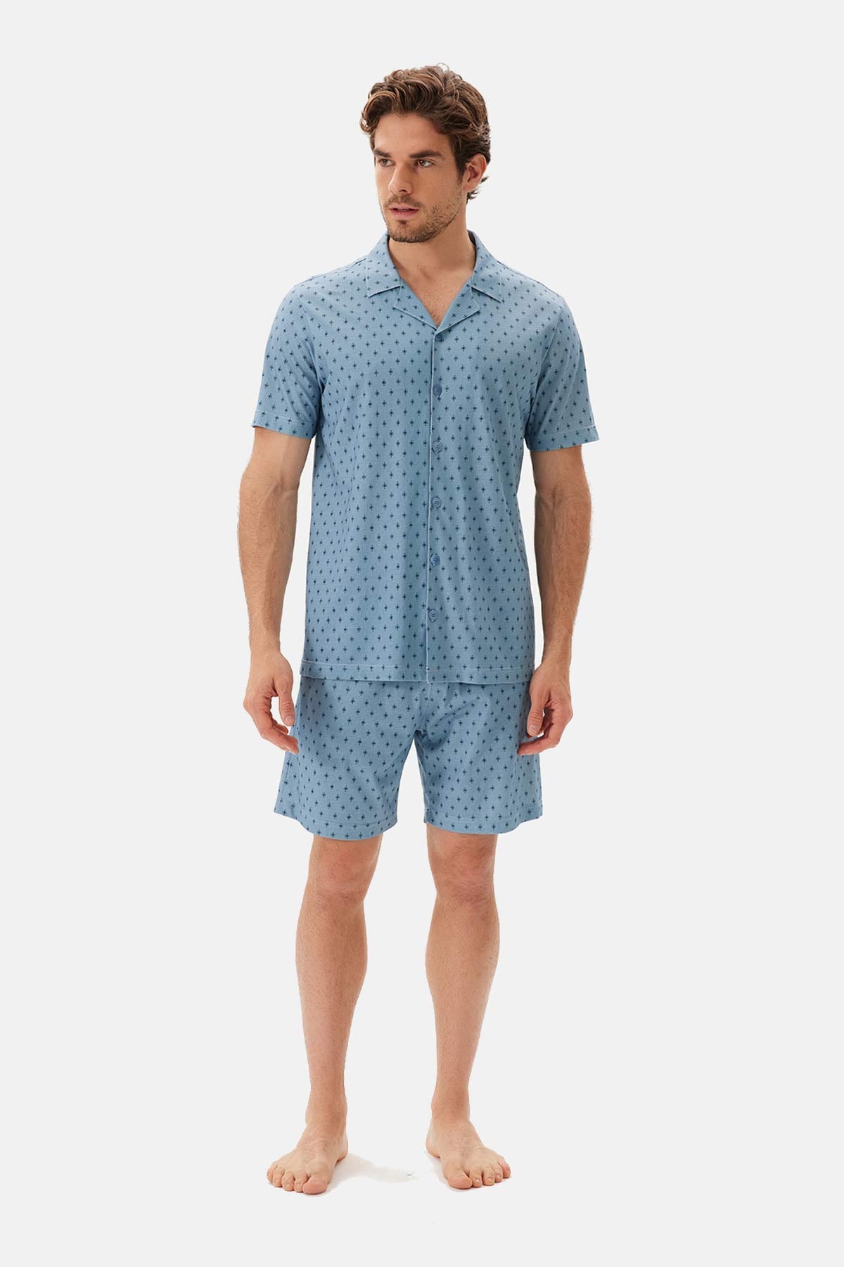 Mavi Desenli Gömlek Yaka Modal Şortlu Pijama Takımı