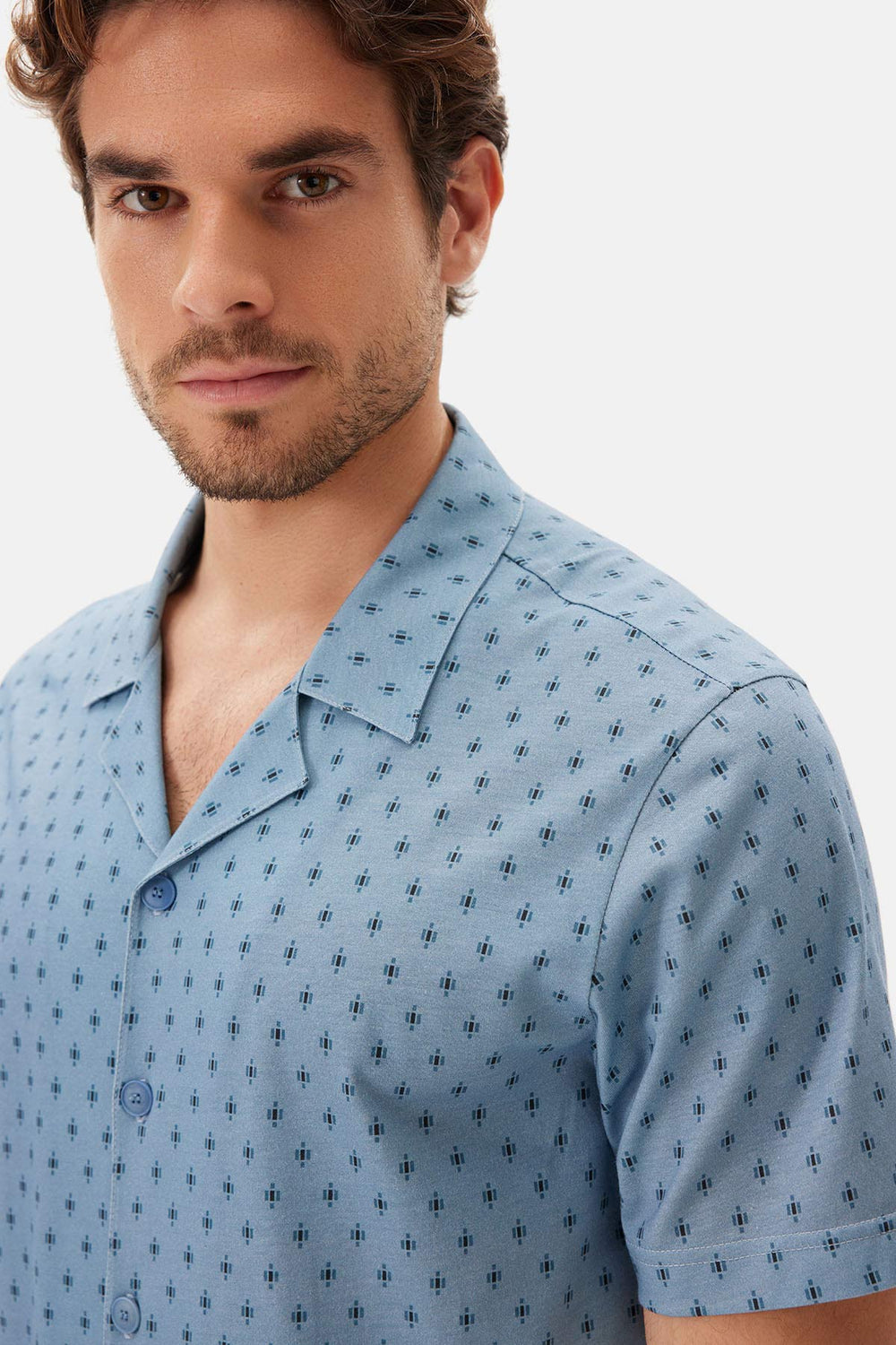 Mavi Desenli Gömlek Yaka Modal Şortlu Pijama Takımı