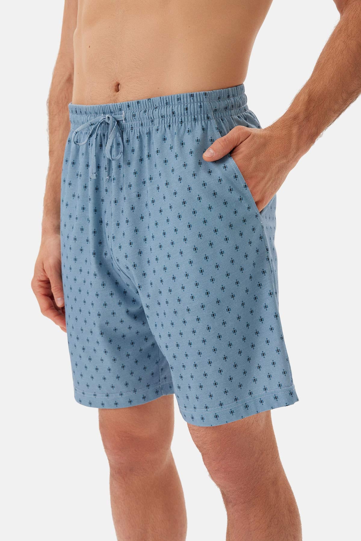 Mavi Desenli Gömlek Yaka Modal Şortlu Pijama Takımı