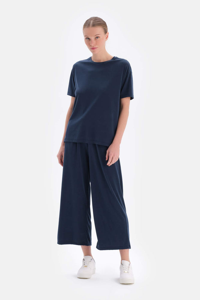 Lacivert Cepli Kısa Paça Cupro Pantolon
