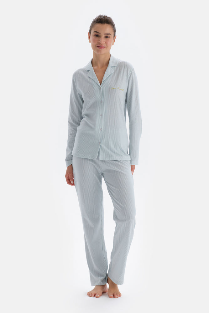 Light Blue SHIRT COLLAR EMBROIDERY DETAILED PAJAMA SUIT