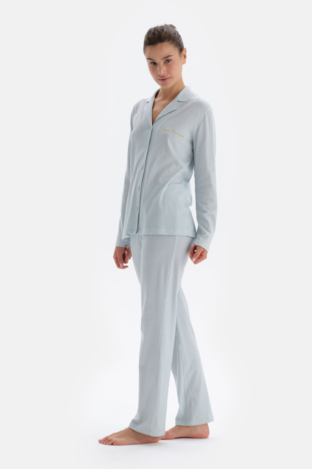 Light Blue SHIRT COLLAR EMBROIDERY DETAILED PAJAMA SUIT