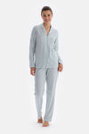 Light Blue SHIRT COLLAR EMBROIDERY DETAILED PAJAMA SUIT