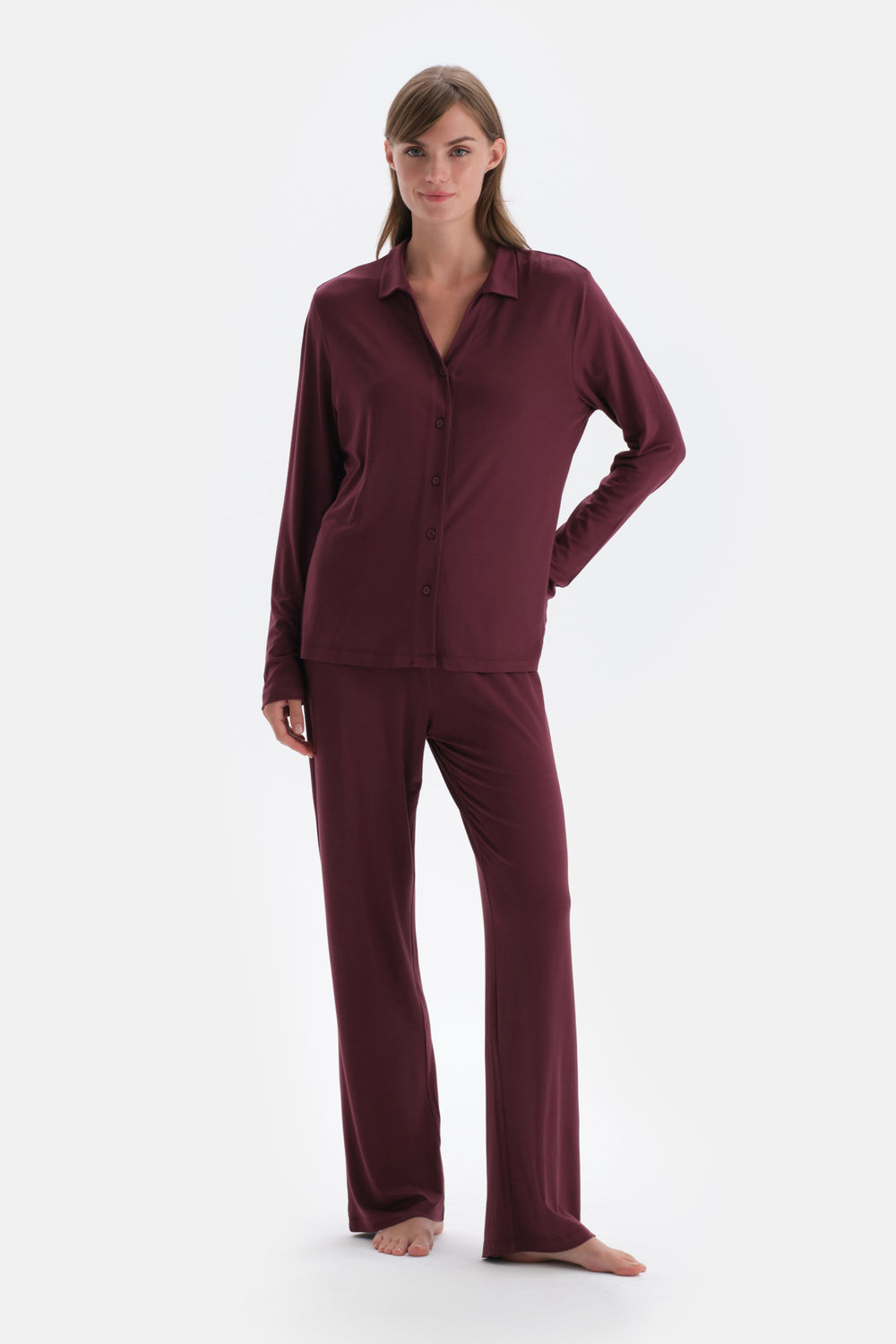 Bordeaux BASIC COTTON MODAL SHIRT PANTS KNITTED PAJAMAS SUIT
