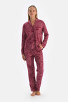 Bordo Şal Desenli Pamuk Modal Gömlek Pantolon Pijama Takımı