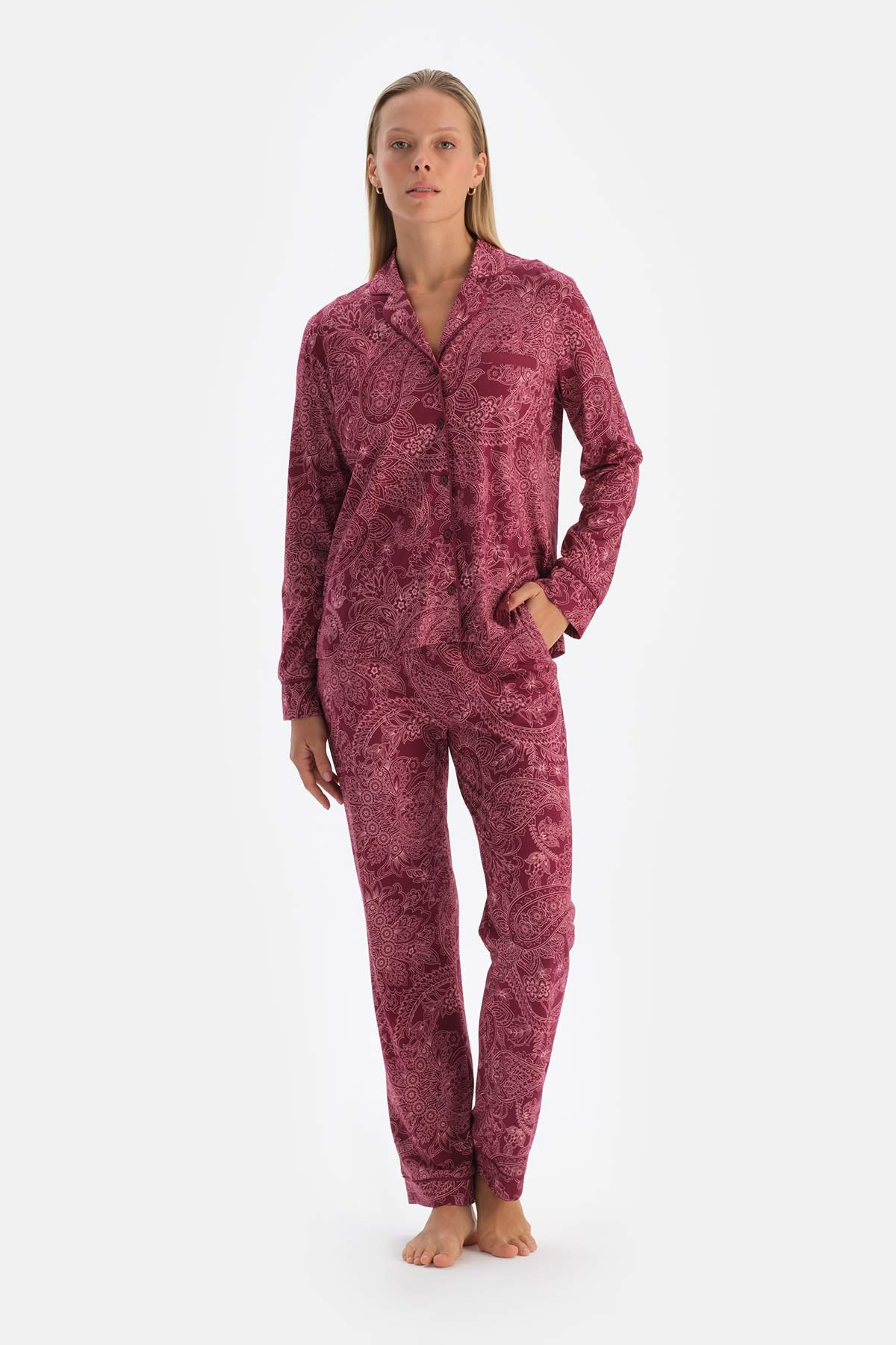 Bordo Şal Desenli Pamuk Modal Gömlek Pantolon Pijama Takımı