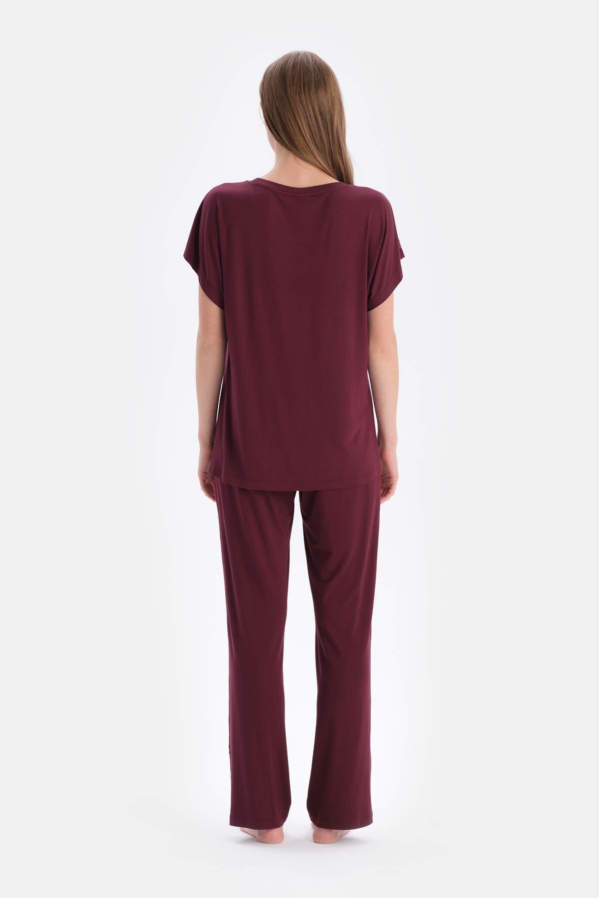 Bordeaux LACE GARNISHED VISCOSE T-SHIRT TROUSERS PAJAMA SET