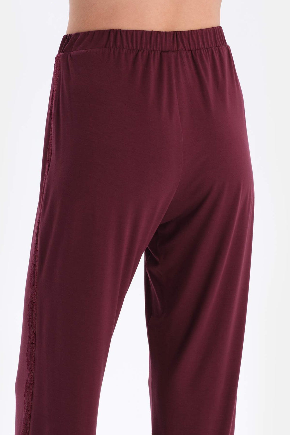 Bordeaux LACE GARNISHED VISCOSE T-SHIRT TROUSERS PAJAMA SET