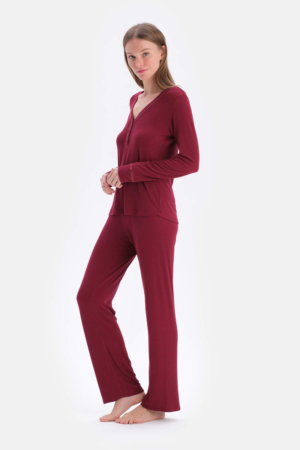 Damson RIB LONG SLEEVE VISCOSE T-SHIRT PANTS PAJAMA SET