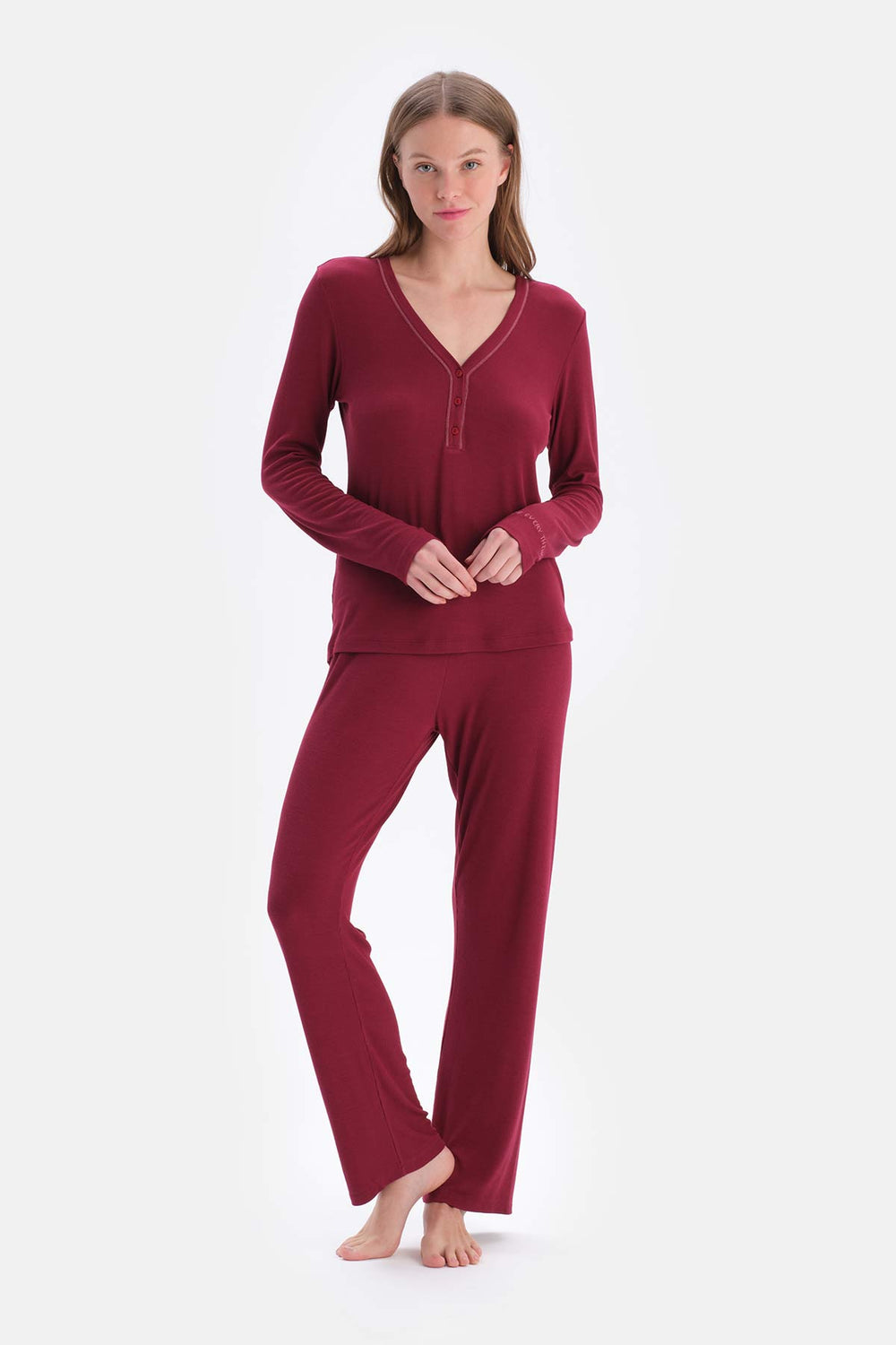 Damson RIB LONG SLEEVE VISCOSE T-SHIRT PANTS PAJAMA SET
