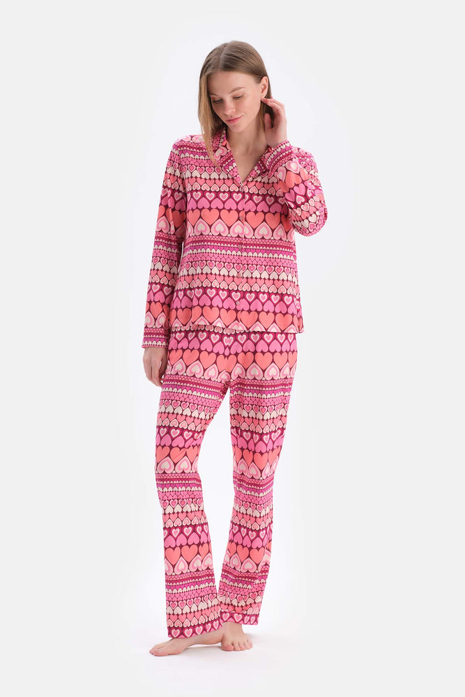 Multicolor Kalpli Metraj Baskılı Gömlek Pantolon Pijama Takımı