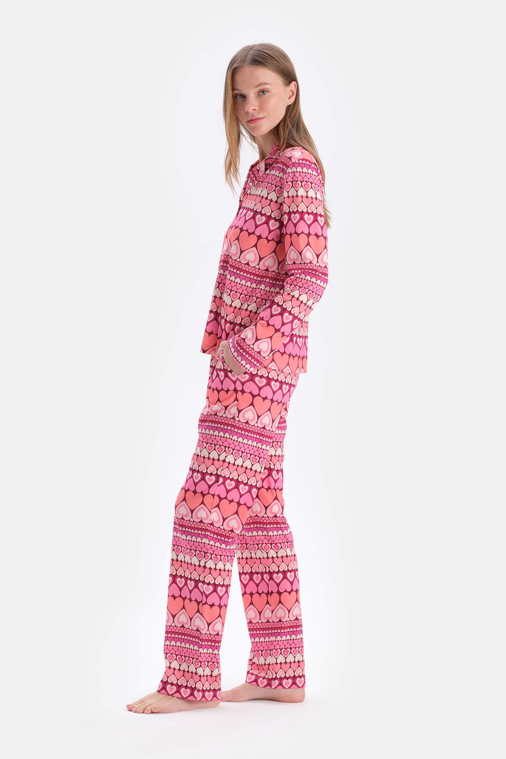 Multicolor Kalpli Metraj Baskılı Gömlek Pantolon Pijama Takımı