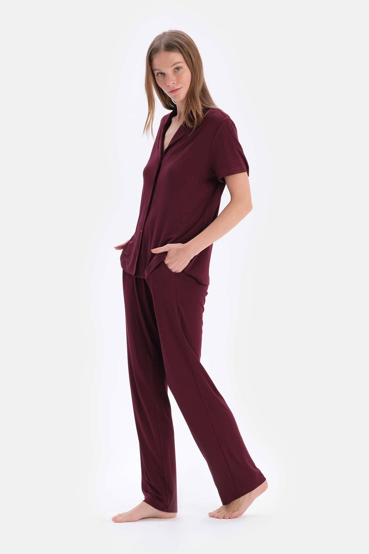 Bordo Viskon Gömlek Pantolon Pijama Takımı