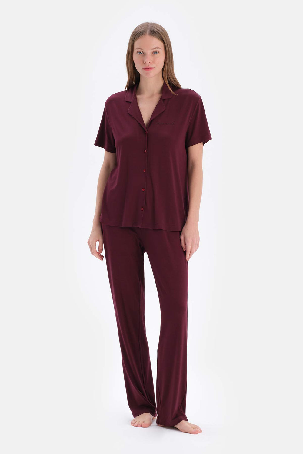 Bordo Viskon Gömlek Pantolon Pijama Takımı