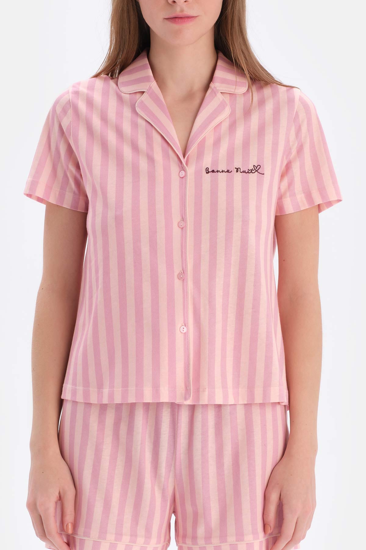 Açık Pembe Çizgili Modal Şortlu Pijama Takımı